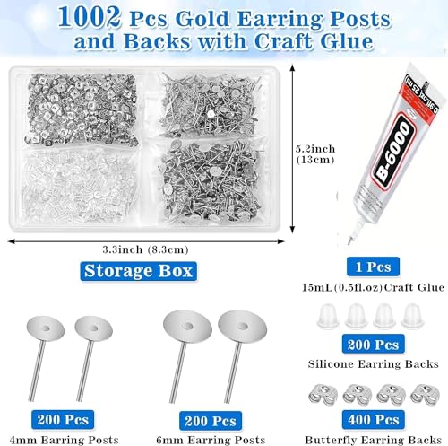 Image of Dhruv Crafts Jewelry Glue With Earring Posts, 1002Pcs Stainless Steel Stud Posts With Butterfly and Rubber Backs, DIY Jewelry Making Kit