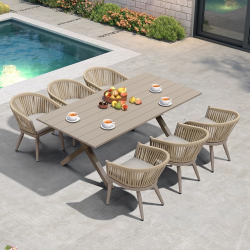 Image of PURPLE LEAF 7 Pieces Longer Outdoor Dining Set with Patio Aluminium Dining Table and Wicker Chairs Modern Furniture Cushions Sets for Backyard Indoor Decor Kitchen Champagne
