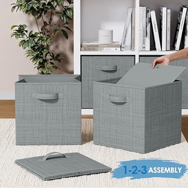 NEATERIZE Fabric Storage Cubes for Cube Organizer - 6 Pack Heavy Duty Grey Storage Bins - 13 Inch Cube Storage Bin, Use As A Clothes Storage Box, Baskets For Shelves or Cubbies Storage bins