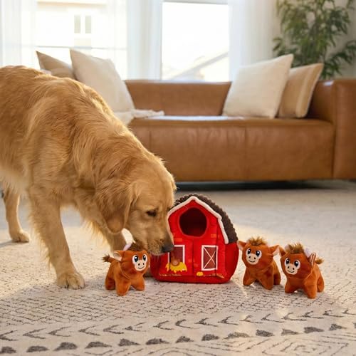 Image of Outward Hound Hide-A-Cow Dog Toy, 2-in-1 Interactive Hide & Seek Plush Puzzle with Barn & 3 Squeaky Highland Cows