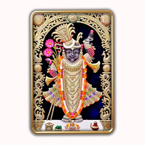 Image of Dharvika Innovations Shrinathji photo frame for wall decoration, paintings for living room, golden slim frame with sparkle coated lamination, painting wall decoration 2415 (12x18 Inch) (Without Glass)