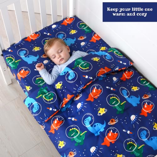 Image of JISEN 3 Piece Crib Bedding Set for Baby Boys Girls Space Dinosaurs Blue | Soft Breathable Microfiber, Crib Comforter Set with Comforter, Sheet, Pillowcase, Standard Size, Baby Nursery, Shower Gift