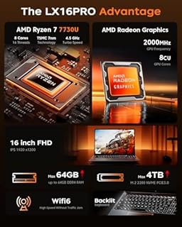 KAIGERR 2026 New Gaming Laptop, 16.0inch Laptop Computer with AMD Ryzen 7 7730U(8C/16T, Up to 4.5GHz), 16GB RAM 512GB NVMe SSD Windows 11 Laptop, Radeon RX Vega 8 Graphics,WiFi 6, Backlit KB