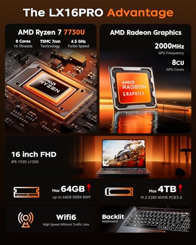 2026 New Light Gaming Laptop, 16.0inch Laptop Computer with AMD Ryzen 7 7730U, 16GB RAM 512GB NVMe SSD Windows 11 Laptop - Additional View