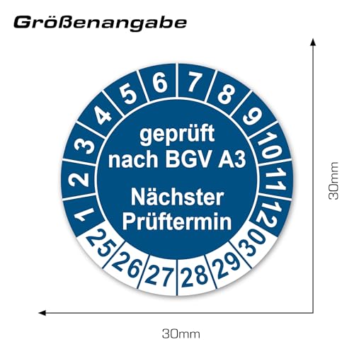 LabelTec Prüfplakette geprüft nach BGV A3 Nächster Prüftermin - Selbstklebender Prüfaufkleber für Elektrogeräte & Anlagen – Kennzeichnung für elektrische Sicherheitsprüfungen LTG002 (100, Blau, Ø30mm)