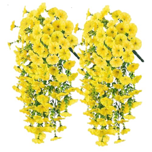 29.52'' Waterproof Outdoor Fake Plants for Garden, Fence, Patio Décor - 2 Pack Lifelike Artificial Hanging Flowers with UV Resistant Petunias & Eucalyptus (Yellow)