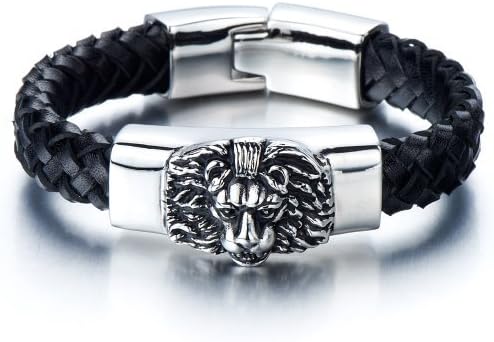 COOLSTEELANDBEYOND Braided Leather Bracelet for Men with Stainless Steel Lion and Black Genuine Leather Straps
