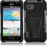 HRWireless T-Stand Kickstand Hybrid Double Layer Cover Case for LG LS720 - Retail Packaging - Black/Black