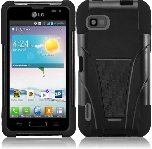 HRWireless T-Stand Kickstand Hybrid Double Layer Cover Case for LG LS720 - Retail Packaging - Black/Black