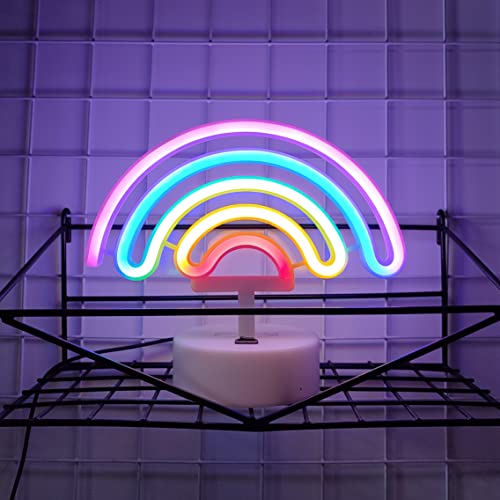 Image of JYWJ Neon Signs with Holder Base,USB or 3-AA Battery Powered Neon Light,LED Table Decoration,Bedroom Wall Decoration,Birthday Gift,Wedding Supplies Business Gift(Rainbow)