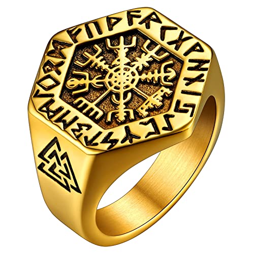 FaithHeart Viking Vegvisir Pirate Compass Rings, Stainless Steel/18K Gold Plated Norse Symbol Vintage Jewelry Personalized Custom