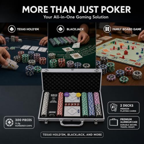 Image of 1000 Piece Numbered Poker Chip Set 11.5g Heavyweight Iron Core Chips with Aluminum Case Playing Cards Dealer Buttons for Texas Holdem Blackjack Casino Gaming | Iron core chips, 2 decks, 5 dice, dealer, small /big blind buttons. Blackjack, casino game nights, home parties, mancave.