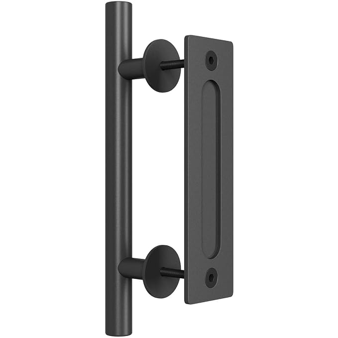 SMARTSTANDARD Heavy Duty 12" Pull and Flush Barn Door Handle Set, Large Rustic Two-Side Design, for Gates Garages Sheds Furniture, Black Powder Coated Finish, Round