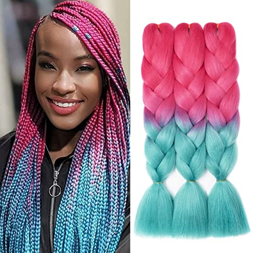 Gairyan Braiding Hair Extensions Ombre Jumbo Braids Synthetic Hair 3 Packs 24 inches 300g Coloured Hair for Braiding Extensions Box Braids Crochet Twist (Rose Red-Lake Blue)