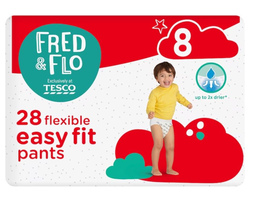 Fred & Flo Easy Fit Nappy Pants, Size 8, 28 Pack, with Rapid Dry Technology, 12 Hour Protection, Dermatologically Tested, Double Layer Leg Cuffs
