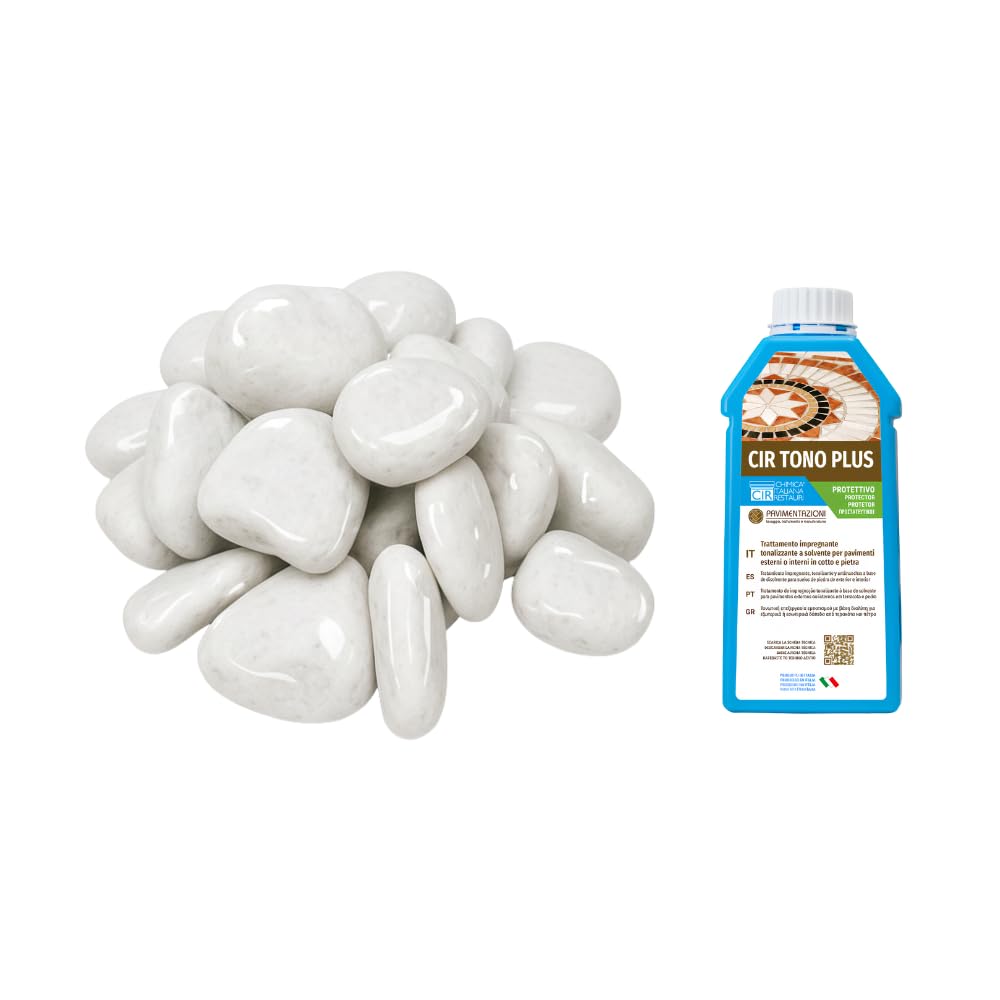 FORTUNATO Kit Ciottoli Decorativi Bianco Carrara con CIR TONO PLUS, 25/40 mm, Effetto Bagnato Brillante (Misura : 25/40, Formato : 25 kg + 1 L)