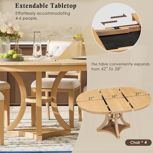 Image of Bellemave Extendable Dining Table Set for 4, 5-Piece Retro Round Table Set with 4 Upholstered Chairs, Round Table with a 16 inch W Leaf, Oval Kitchen Table Set with Extendable Table (Natural)