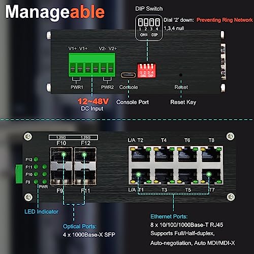 Image of Industrial 8 Ports L2 Managed Gigabit Fiber Switch with 4 1000Base-X SFP Slots Layer 2+ Web Management Din Rail Mount Network Switch Support QOS, VLAN, Ring Network, IGMP 12-48V DC Input