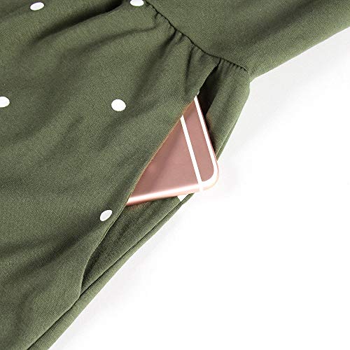 PRIMODA Women Pleated Polka Dot T-Shirt Dress Empire Waist Casual Midi Dress with Pocket Short Sleeves Long Sleeves Knee Length Dresses(Army Green-Long-XXL)