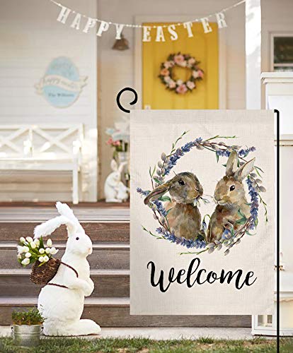 Spring Easter Bunny Lavender Welcome Garden Flag Vertical Double Sided Burlap Yard Rabbit Wreath Outdoor Decor 12.5 X 18 Inches #TOP2