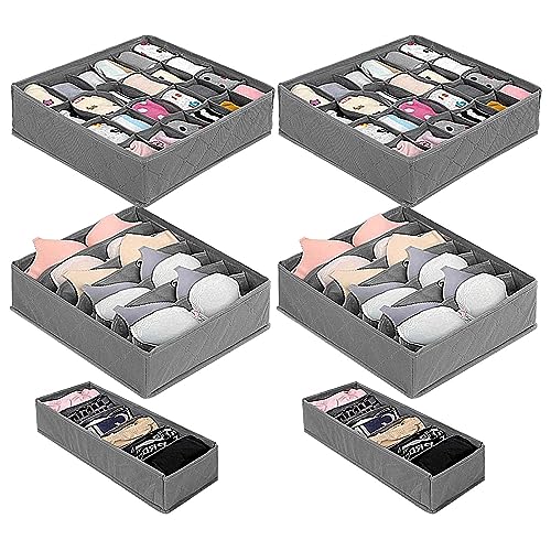 Holdfiturn 6PCS Drawer Organiser Underwear Storage Box Foldable Cabinet Dividers Wardrobe Storage Organizer Fabric Closet Dresser Containers for Bras Underwear Socks Ties Jewelry Gery