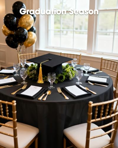 Image of Pureegg Plastic Table Cloth Disposable 10 Pack, 84'' Round Table Cloths, Halloween Party Decorations, Summerween Decor, Halloween Tablecloths, Round, Plastic Cover, Leakproof & Sturdy, Black