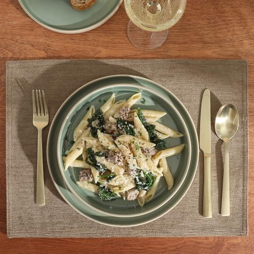 Image of Gibson Elite Liberty Bay 16-Piece Pottery Clay Stoneware Dinnerware Set - Mint Green Reactive Glaze, Stackable Plates and Bowls W /Pasta Bowl, Service for 4 - Microwave & Dishwasher Safe