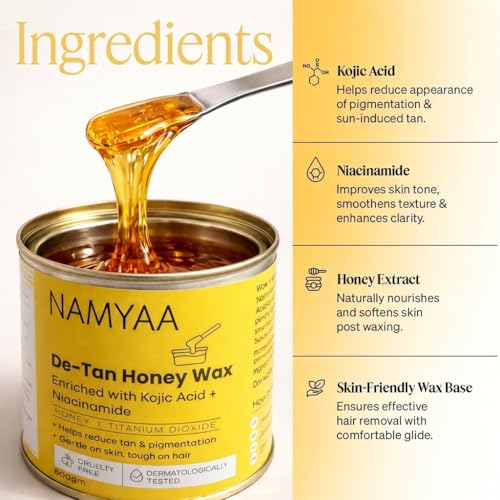 Image of Namyaa De-Tan Honey Wax 600g with Knife & Strips | Brightening Tan Removal Wax for Legs, Arms, Underarms & Body | Honey Based