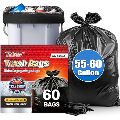 Teivio Large Black Trash Bags 55-60 Gallon 60 Counts Industrial Sturdy Garbage Bags, Extra Large Lawn and Leaf Bags Outdoor Commercial Trash Can Liner for Construction Sites, Workshops, Backyard