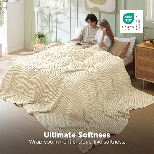 Image of Bedsure Cooling Cotton Waffle Oversized King Blanket - Lightweight Breathable Blanket of Rayon Derived from Bamboo for Hot Sleepers, Natural, 120x96 Inches