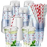 Jingmore 50 Pcs Party Disposable Plastic Cups 12 oz with Lids Straws Themed Party Supplies Plastic Tumbler for Birthday Table Decorations Favors(Cherry Plaid,Red and Blue)