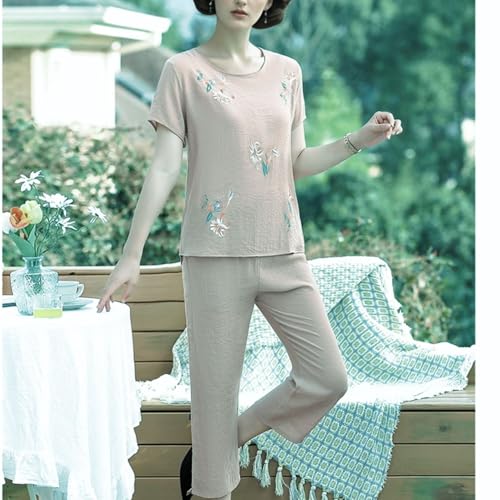 Image of FindThy Women's 2 Piece Linen Outfits Short Sleeve Floral Print Lounge Sets Crewneck Summer Suits