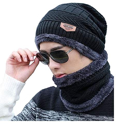 alexvyan Black Cap and Scarf Winter Soft Warm and Air Proof Fleece Knitted Cap (Inside Fur) Snow Proof - 20 Degree Temperature Ultra Soft Woolen Beanie Cap for Men & Boy-picture-29