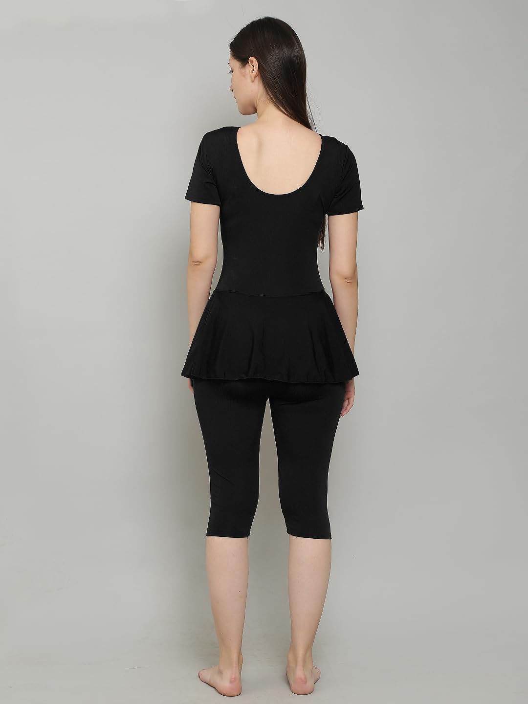 MEGASKA Women Knee Length Removable Chest Pads One Piece Frock Style Swimming Costume_Black_S