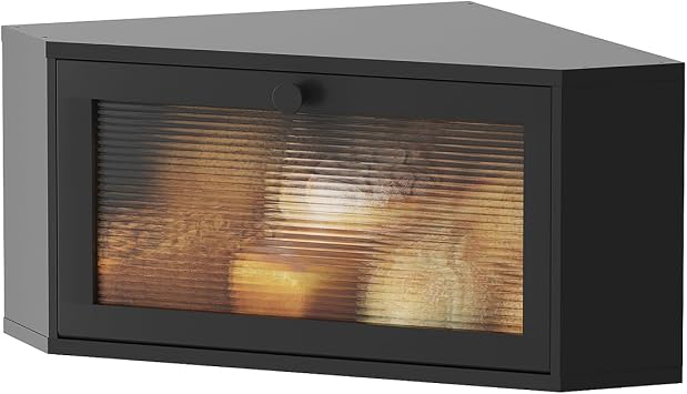 kiplant Corner Bread Box for Kitchen Countertop - Bamboo Wood, Wavy Acrylic Door, Bread Storage Container, Large Bread Holder Black, Medium