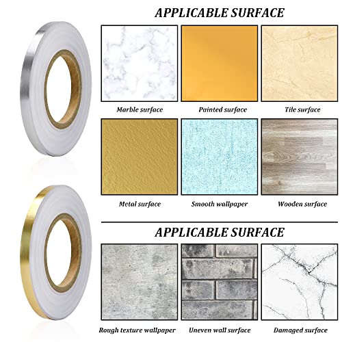 Image of 2Pcs 0.4 Inch x 164 Feet Floor Crevice Line Sticker Foil, Waterproof Tile Foil Tape, Self Adhesive Decorative Sealing Caulk Strip for Living Room, Kitchen, Bathroom (Gold)