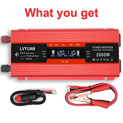 Cantonape 1000W/2000W(Peak) Car Power Inverter DC 12V to 110V AC Converter with LCD Display Dual AC Outlets and Dual USB Car Charger for Car Home Laptop Truck (Red)