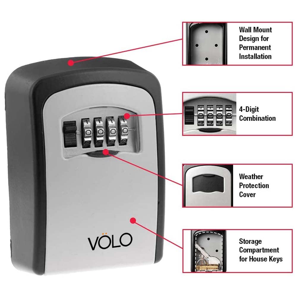 Volo Lock Wall Mount Key Lock Box With Resettable Combination Lock, Outdoor Key Lock Box, 5 Key Capacity - Metal, Grey