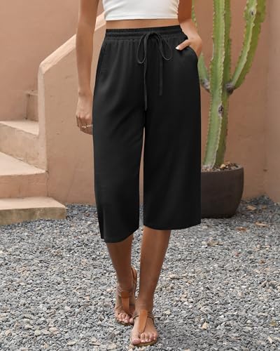 Neer 2 Pack Women's Linen Capris, Summer Drawstring Wide Leg Pants Casual High Waisted Palazzo Trousers with Pockets(Black, Light Grey,X-Large)4