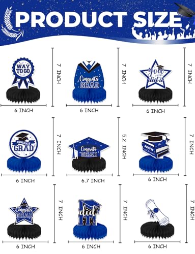 Image of 9Pcs Graduation Table Decorations - Blue and Black Graduation Centerpieces for Tables Congrats Grad Honeycomb Centerpieces Congratulate Table Toppers Grad Party Decorations, Class of 2026 Decor