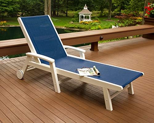 Polywood Coastal Chaise with Wheels in White/Poolside Sling