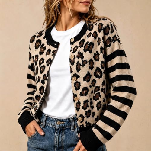 Leopard Cardigan Sweaters for Women Y2k Striped Colorblock Knit Coat - image 3