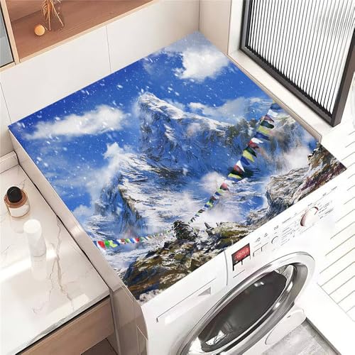 Highdi 3D Patrón Cubierta Superior Lavadora y Secadora, Protector Cubierta Fundas Antideslizante Lavadora Absorbente Universal para Cocina Microondas Refrigerador (Montaña nevada,60x60cm)