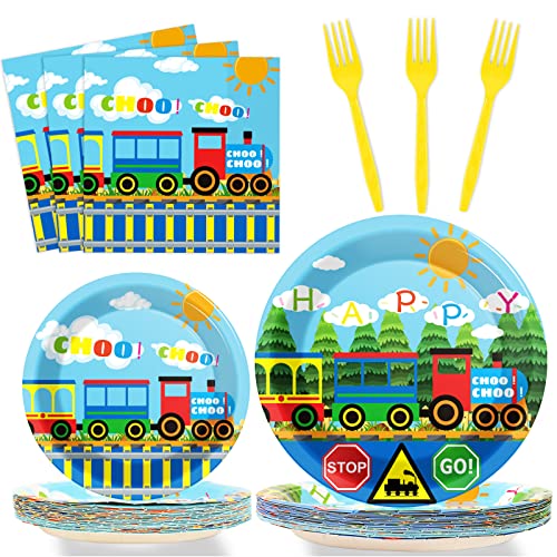 Image of gisgfim 96 Pcs Train Plates and Napkins Party Supplies Train Birthday Party Tableware Set Train Theme Party Decorations Favors for Birthday Baby Shower Serves 24 Guests