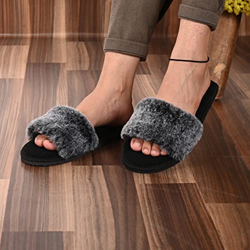 Image of womens Top Fuzy + Tery Black-open-f Slide Sandal
