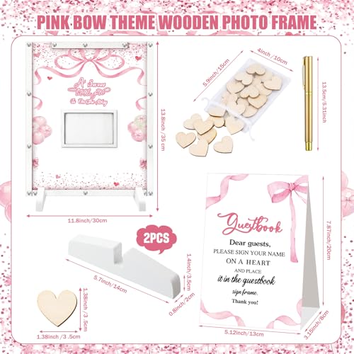 Image of Beeveer 65 Pcs Pink Bow Baby Shower Guest Book Alternatives Coquette Baby Shower Sign in Guest Book Decoration Pink Bow Decorations with Photo Frame and 60 Wood Heart Slices Keepsakes Gifts for Guests