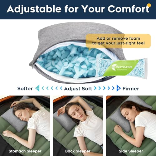 Image of CushyOasis All-in-1 Camping Pillow Set - Shredded Memory Foam Neck Pillow Travel Pillow with Eye Mask, Earplugs, Washable Cover, Compact for Backpacking, Camping, Flights, Car Travel (Medium Size)