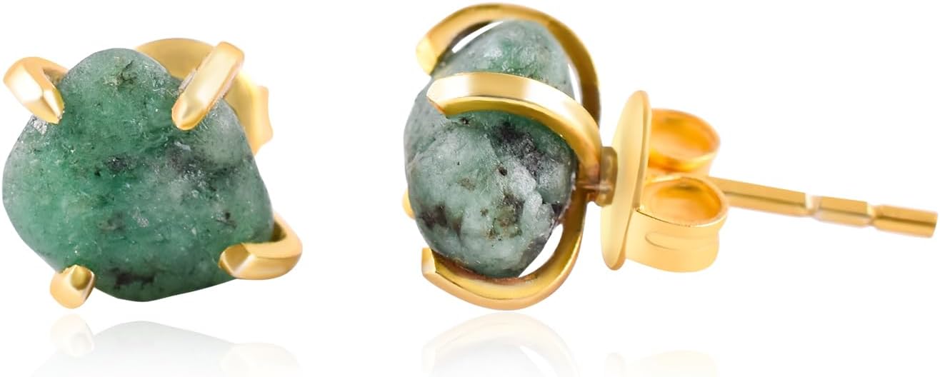 Raw Stone Gold Stud Earrings For Women Natural Raw Gemstone Dainty Pair, Birthstone Energy Crystals Jewelry in 14K Gold Plating Flat Back Stud Earrings Trendy Gifts