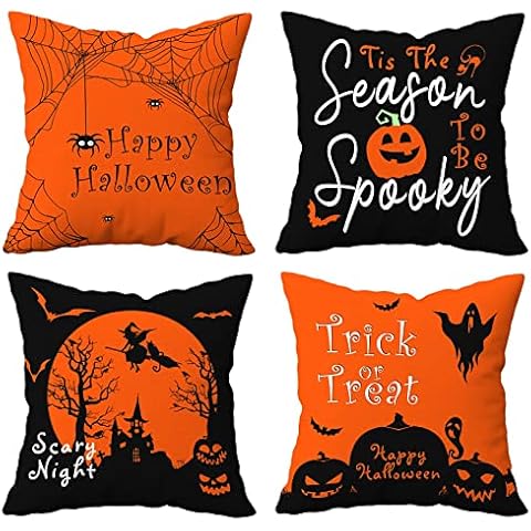 Jbralid Halloween Pillow Covers 24x24 Inch Set of 4 Halloween Pumpkin Decorative Pillowcase Orange and Black Happy Halloween Scary Night Witch Throw Cushion Covers for Sofa Bed Couch Home Decoration Cover