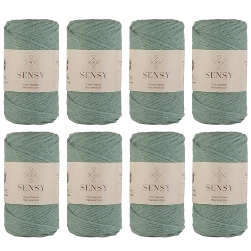 Sensy Premium Macrame Cord - 8 Skeins, 3mm, 109 Yards Each, 100% Cotton, Twisted Single Strand, Sage